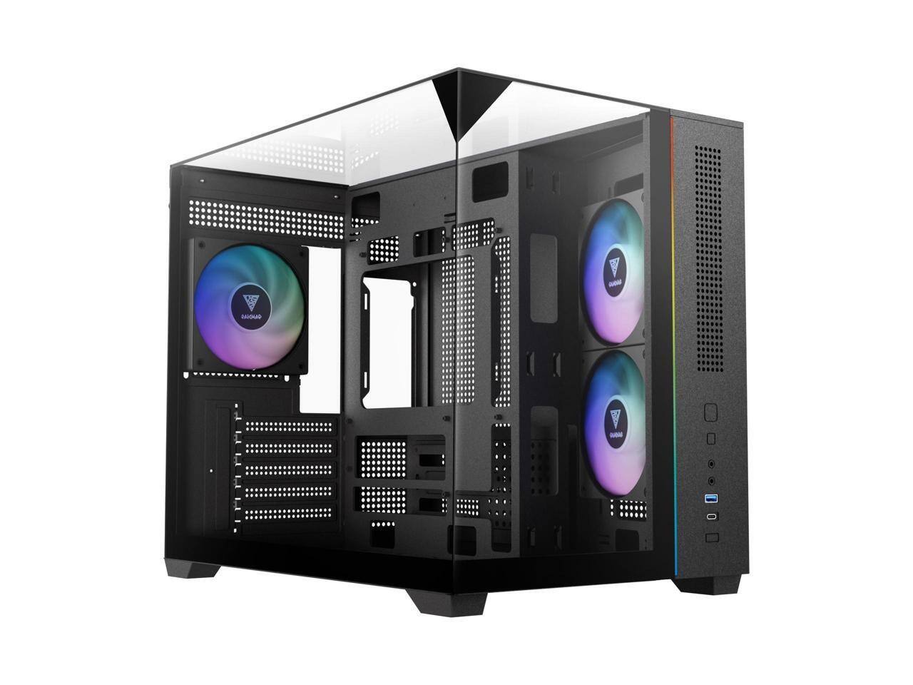 Angle. GAMDIAS - Gamdias ATLAS M3M 3-side glass pc case micro-ATX mATX min-ATX iTX, 3x120mm ARGB fans PWM, 400mm GPU - Black.