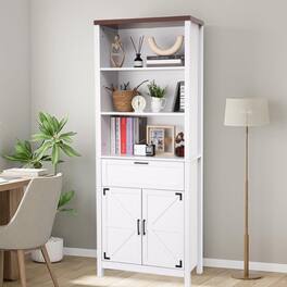 Babevy - 72" Tall 6-Tier Rustic Bookshelf, Adjustable Shelves & Drawers, Multi-Use Versatile Cabinet for Living Room - White