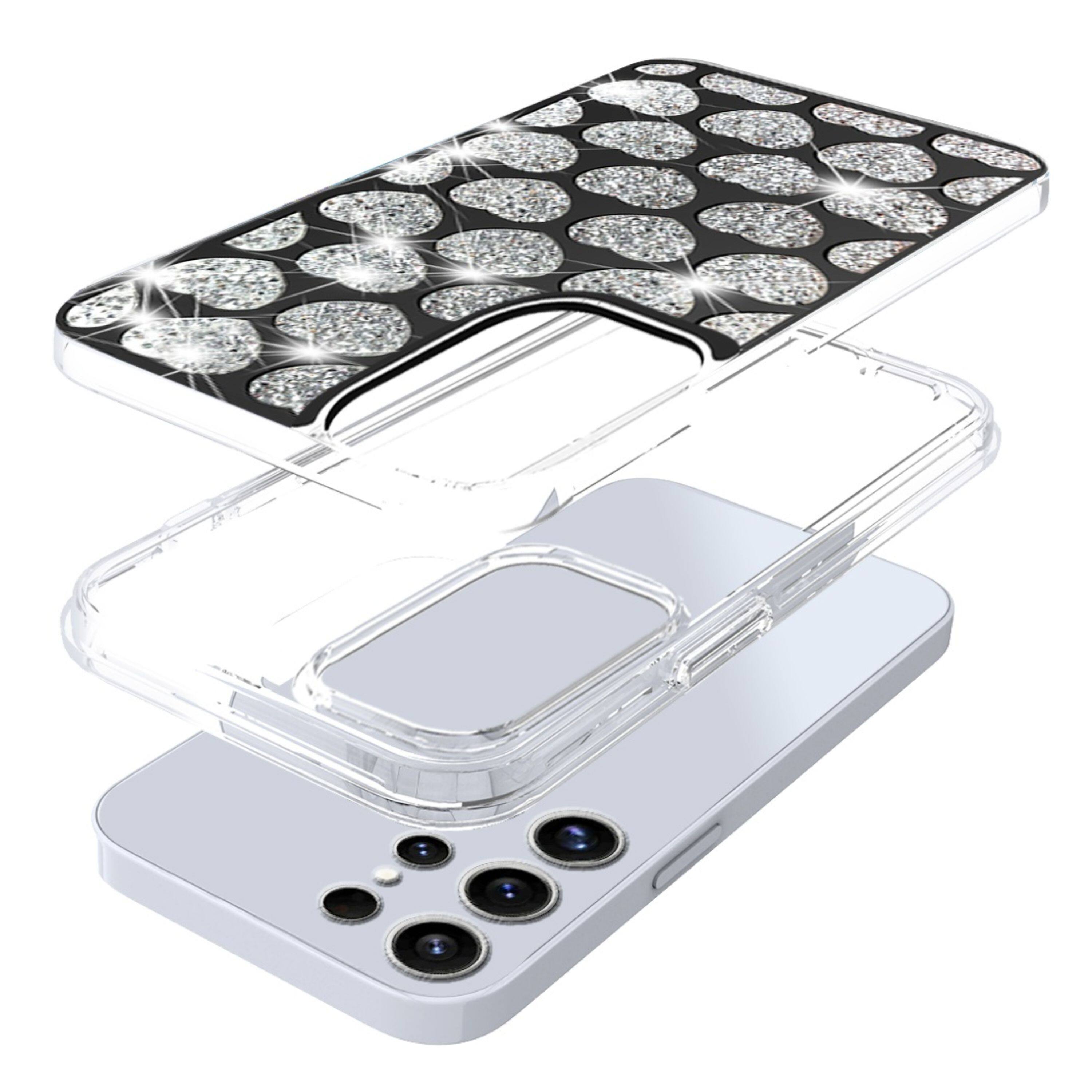 Angle. Kitcheniva - Hybrid Shimmering Bling Design Phone Case With Tempered Glass For Samsung Galaxy S25 Ultra Hearts - Black.