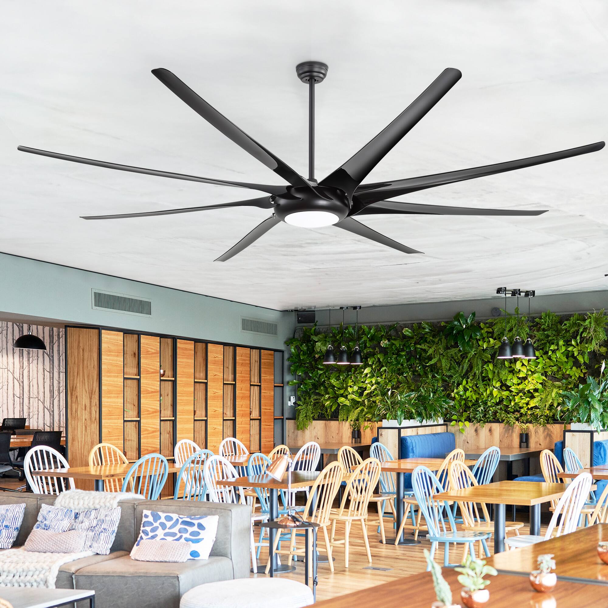 Alt View 1. Breezary - 100 Inch Large HVLS Commercial Ceiling Fan, 8 ABS Blades, DC Motor, 6-Speed Remote, 12/24/36'' Downrods, LED/No Light - Black (With Light).