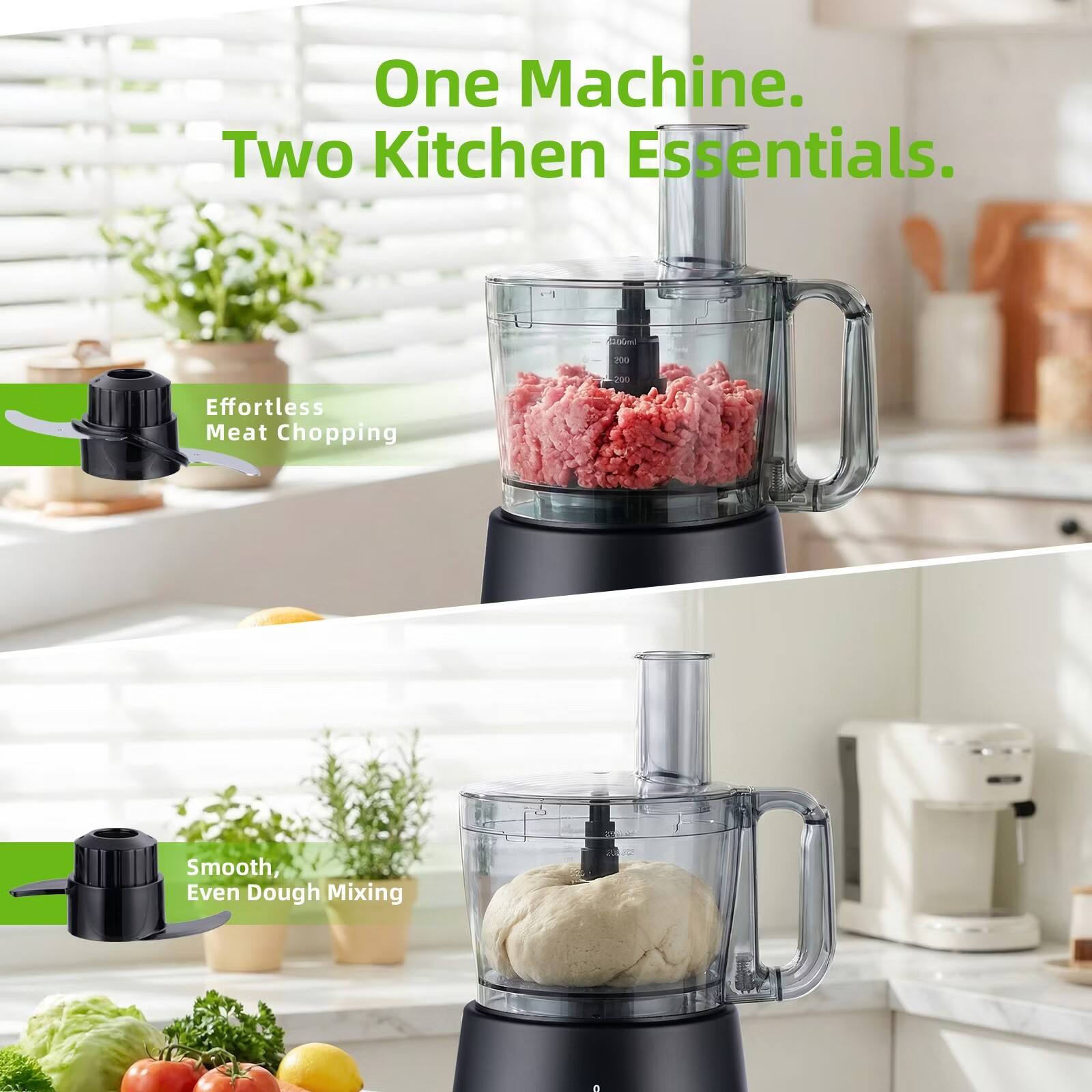 One Machine. Two Kitchen Essentials.

Effortless Meat Chopping

Smooth, Even Dough Mixing