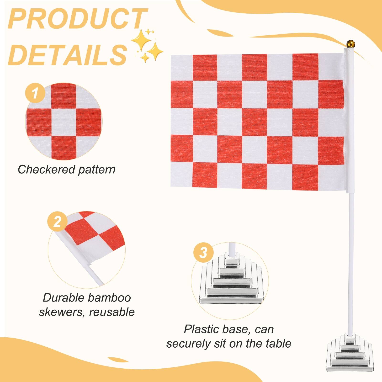 PRODUCT DETAILS

1. Checkered pattern

2. Durable bamboo skewers, reusable

3. Plastic base, can securely sit on the table