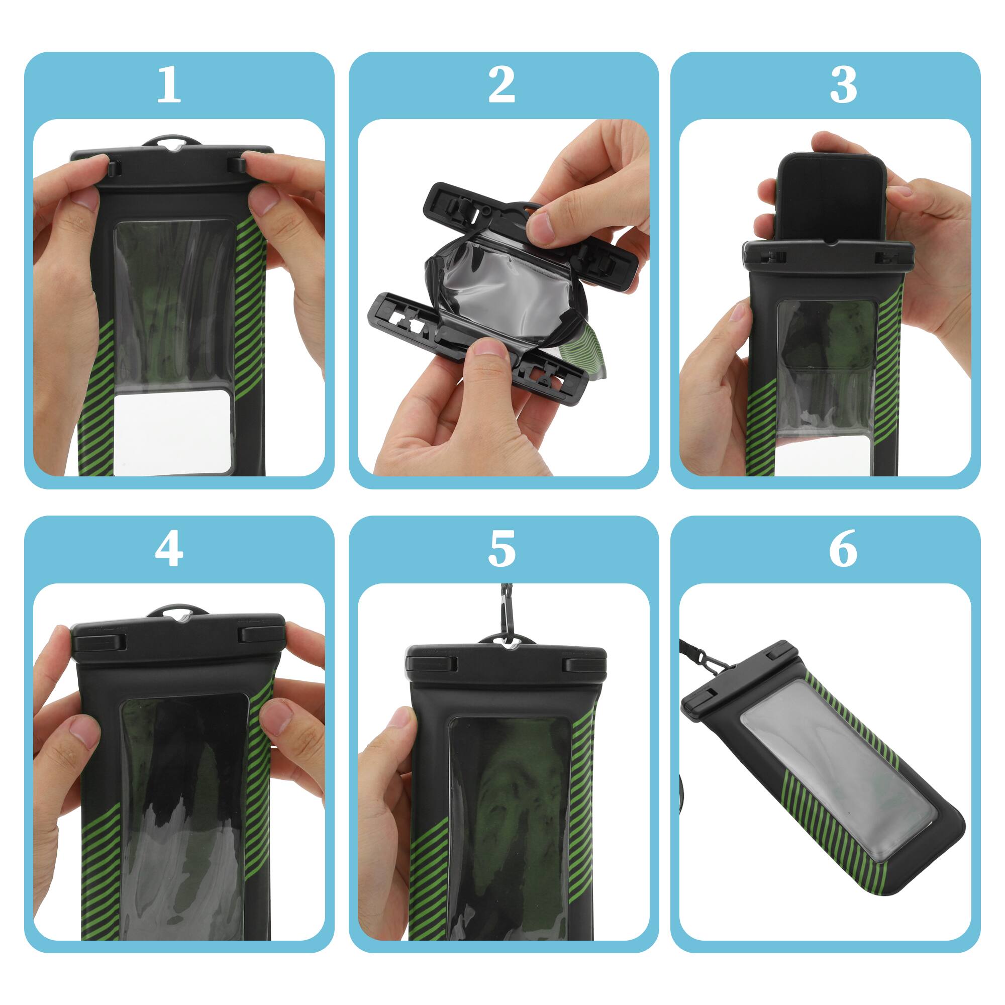 Alt View 4. Unique Bargains - 2pcs Half Stripe Mobile Waterproof Bag Universal Waterproof Case Compatible for Phone 4.53"x8.27" - Black Green.