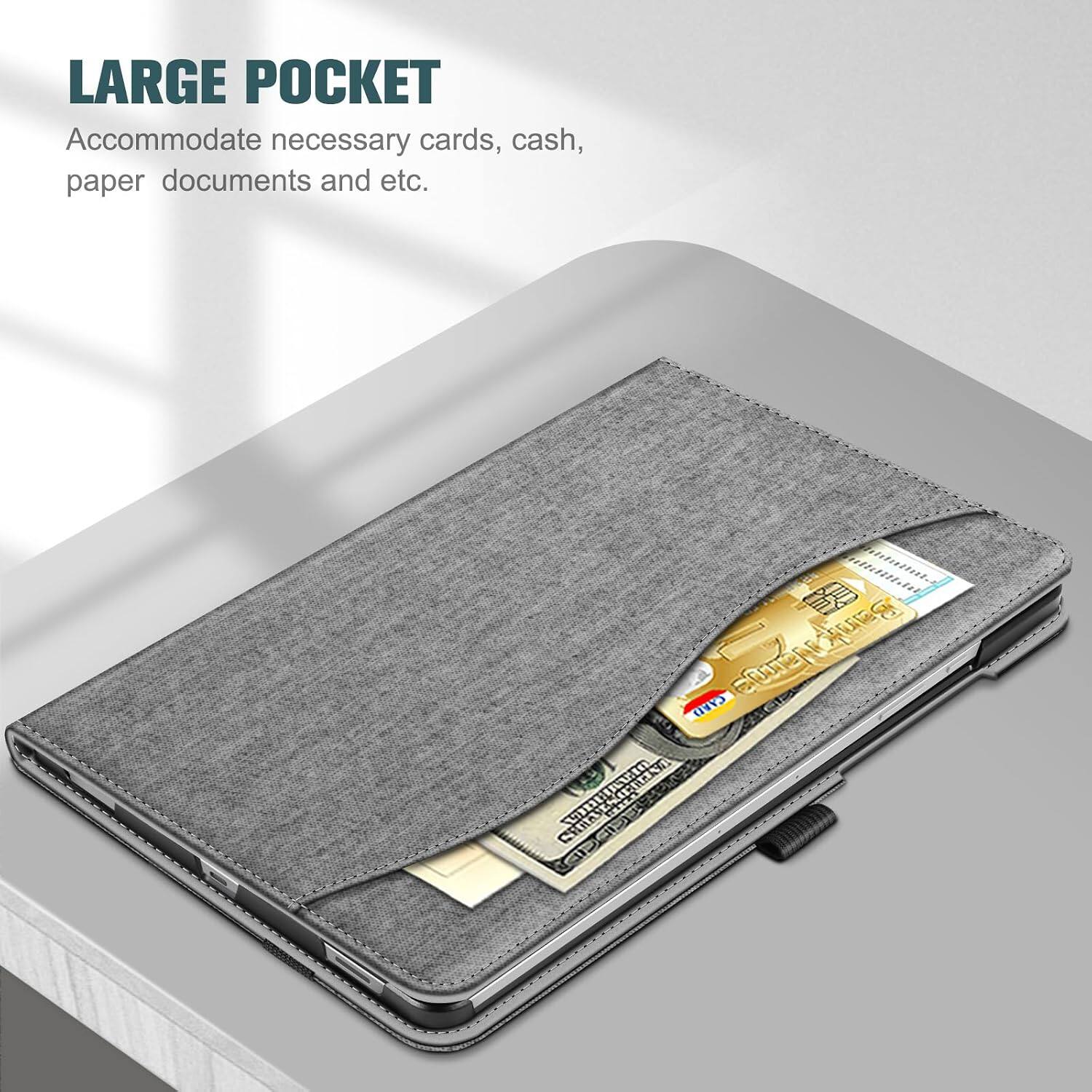 LARGE POCKET  
Accommodate necessary cards, cash, paper documents and etc.