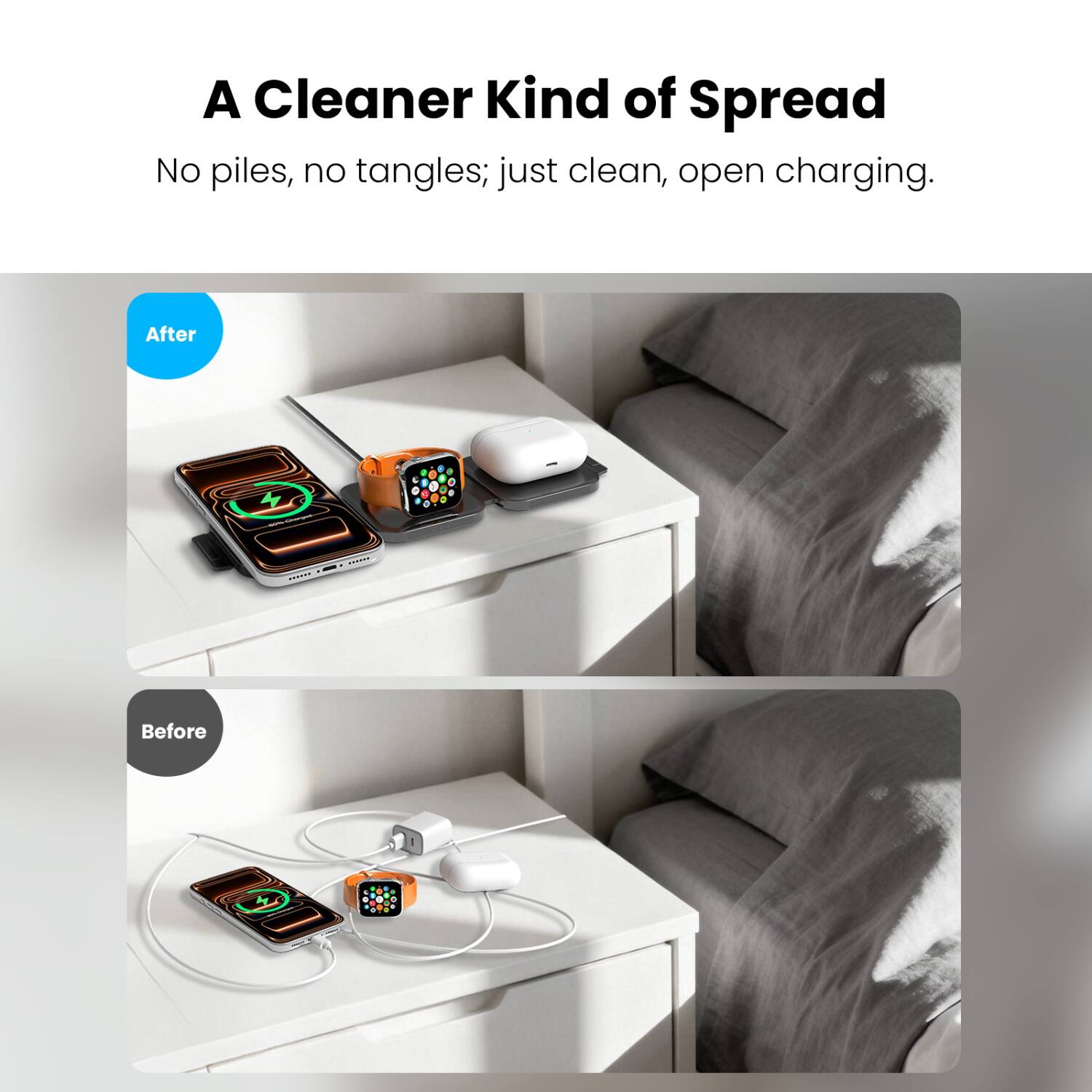 A Cleaner Kind of Spread  
No piles, no tangles; just clean, open charging.  

After  
Before