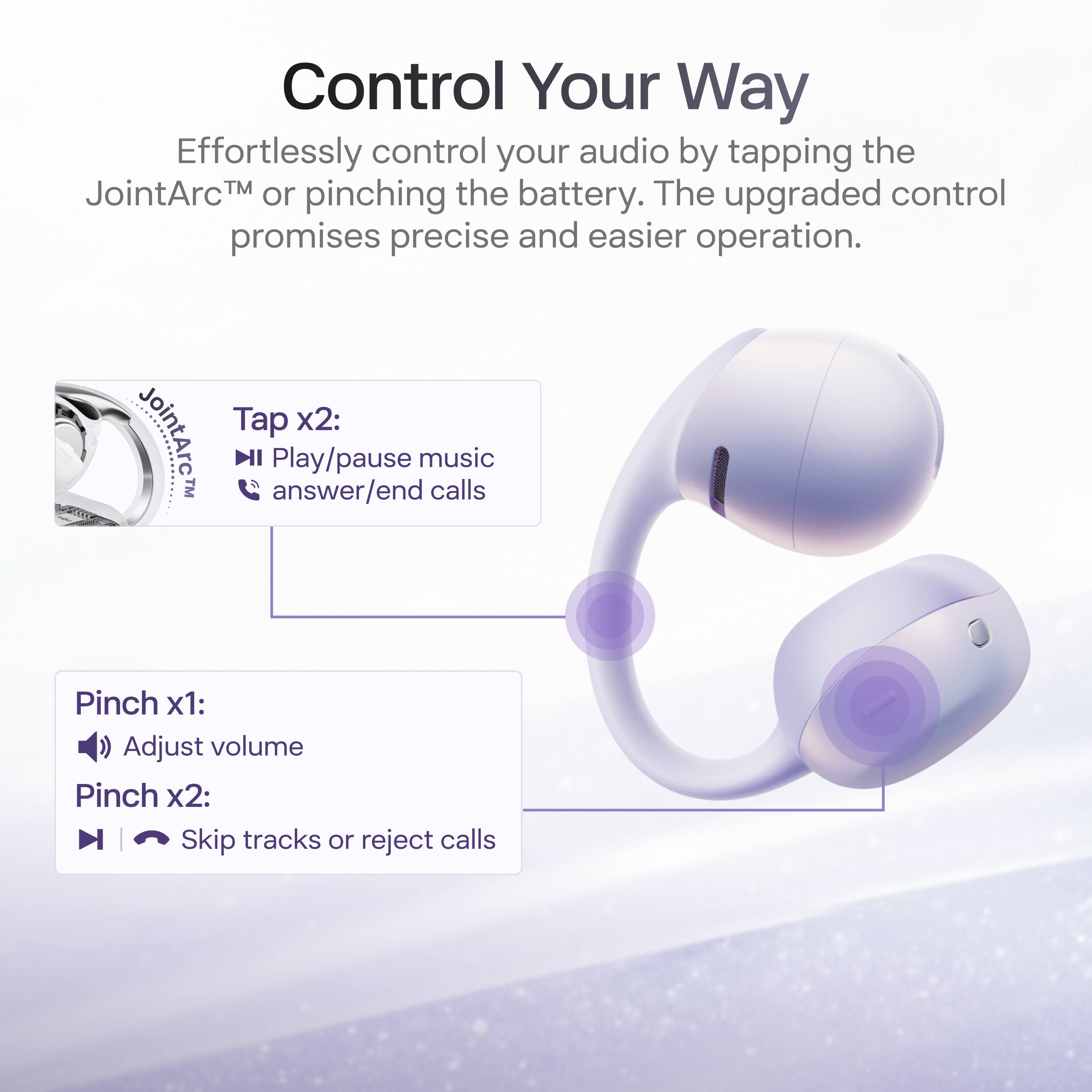 Control Your Way

Effortlessly control your audio by tapping the JointArc™ or pinching the battery. The upgraded control promises precise and easier operation.

Tap x2:
- Play/pause music
- Answer/end calls

Pinch x1:
- Adjust volume

Pinch x2:
- Skip tracks or reject calls