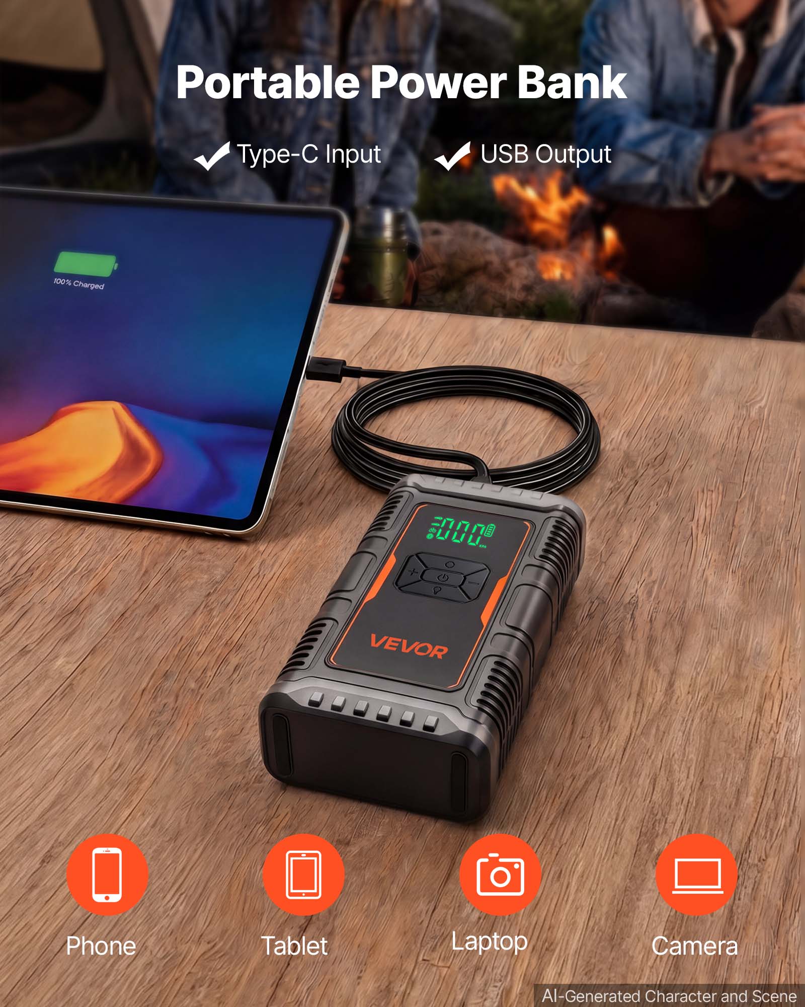 Portable Power Bank  
Type-C Input  
USB Output  
100% Charged  
BUUU 0  
VEVOR  
Phone  
Tablet  
Laptop  
Camera  
AI-Generated Character and Scene