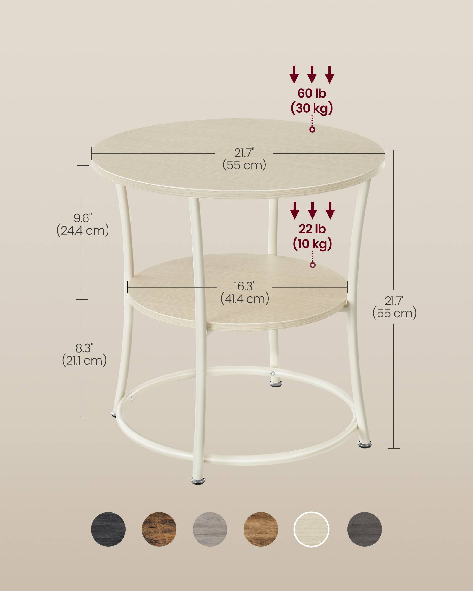 60 lb (30 kg)  
21.7" (55 cm)  
9.6" (24.4 cm)  
22 lb (10 kg)  
16.3" (41.4 cm)  
21.7" (55 cm)  
8.3" (21.1 cm)