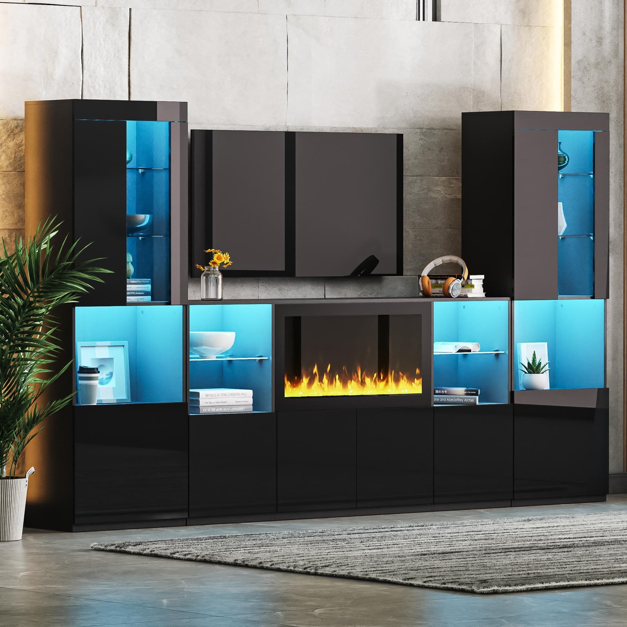 APRILSOUL - Modern TV Stand 342 Non heating Fireplace High Gloss LED Tempered Glass Shelves TVs up to 75 - Black
