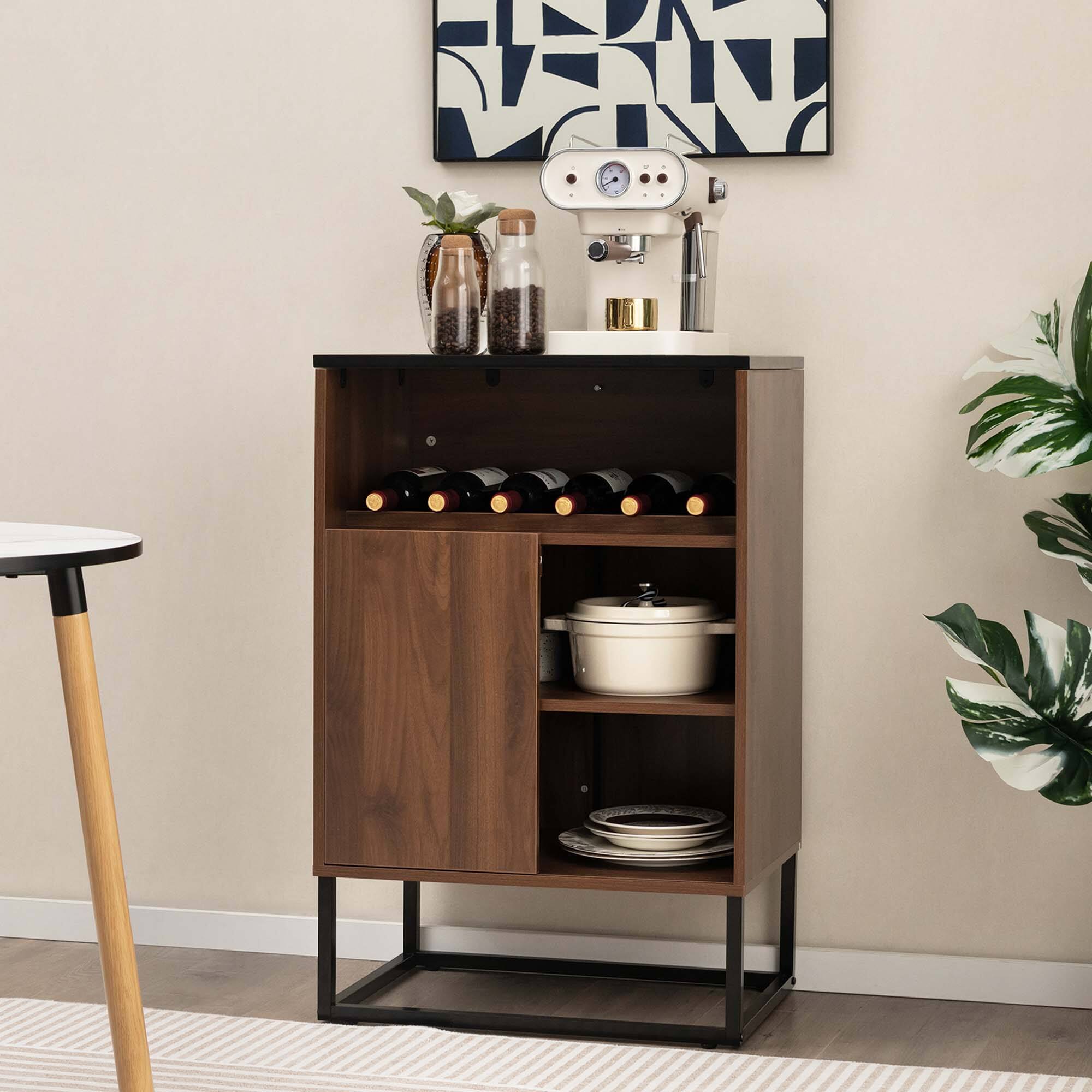 Alt View 3. Costway - Wine Storage Cabinet Buffet Sideboard with Adjustable Shelf & Sliding Door Kitchen - Brown/Black.