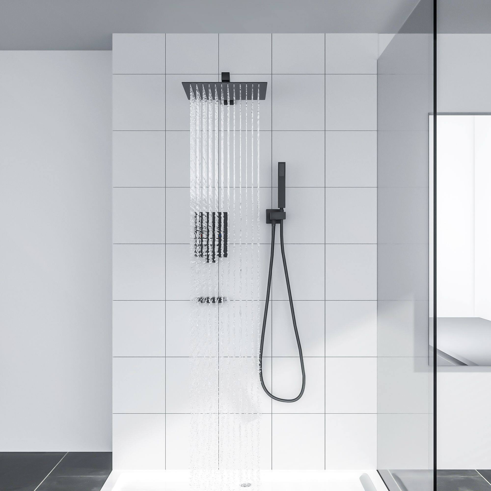 Left. Lordear - Shower System with Waterfall Tub Spout,12 Inch Wall Mounted Square Shower System with Rough-in Valve,Matte black - Matte Black.