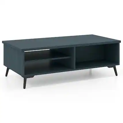 Front. Kadyn - Mid-Century Modern 2-Tier Coffee Table with Storage Shelves, Blue Finish - Blue.