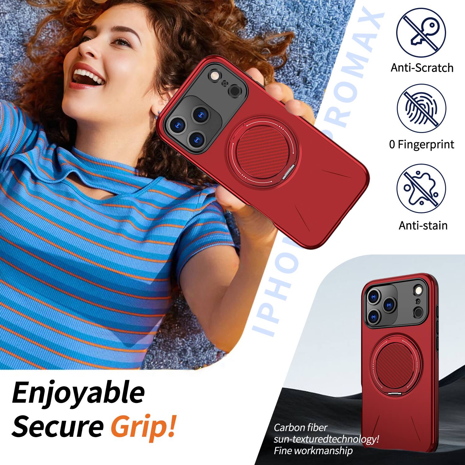 Enjoyable Secure Grip!  
ROMAX Anti-Scratch 0 Fingerprint Anti-stain  
IPHO Carbon fiber sun-textured technology!  
Fine workmanship