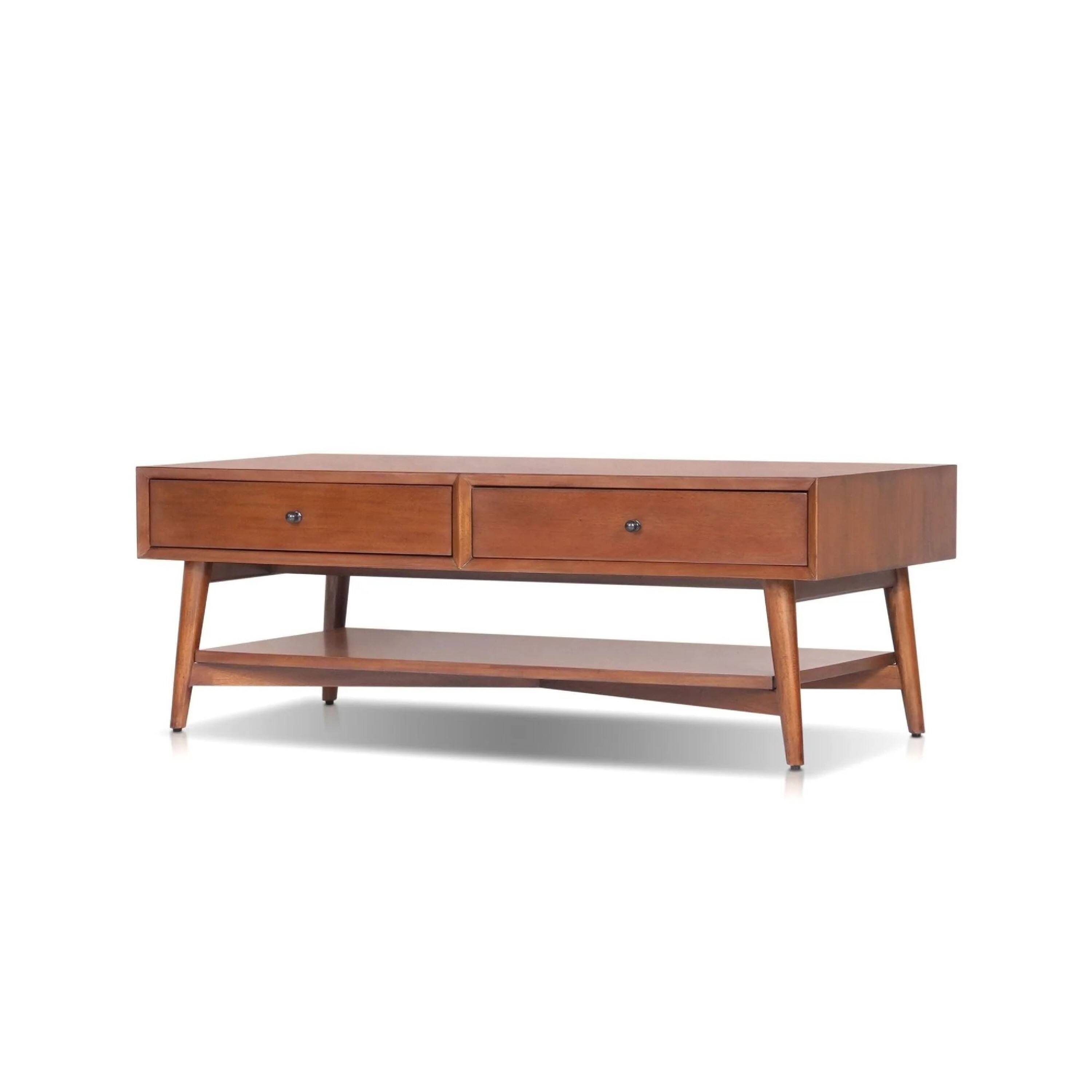 Alt View 1. Manhattan Lane - Ian Coffee Table, 2 Drawers and Shelf, 48 Inch Rectangular - Chestnut Brown, Nickel.