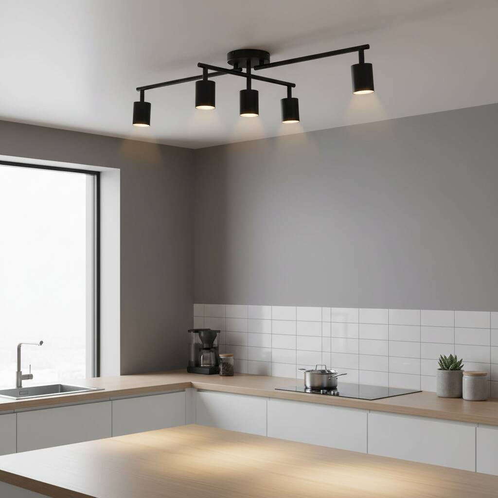 Angle. Dazzed Corner - 5-Light Track Lighting Kit, Ceiling Spotlight, Flexible Rotatable Light Heads - Black.