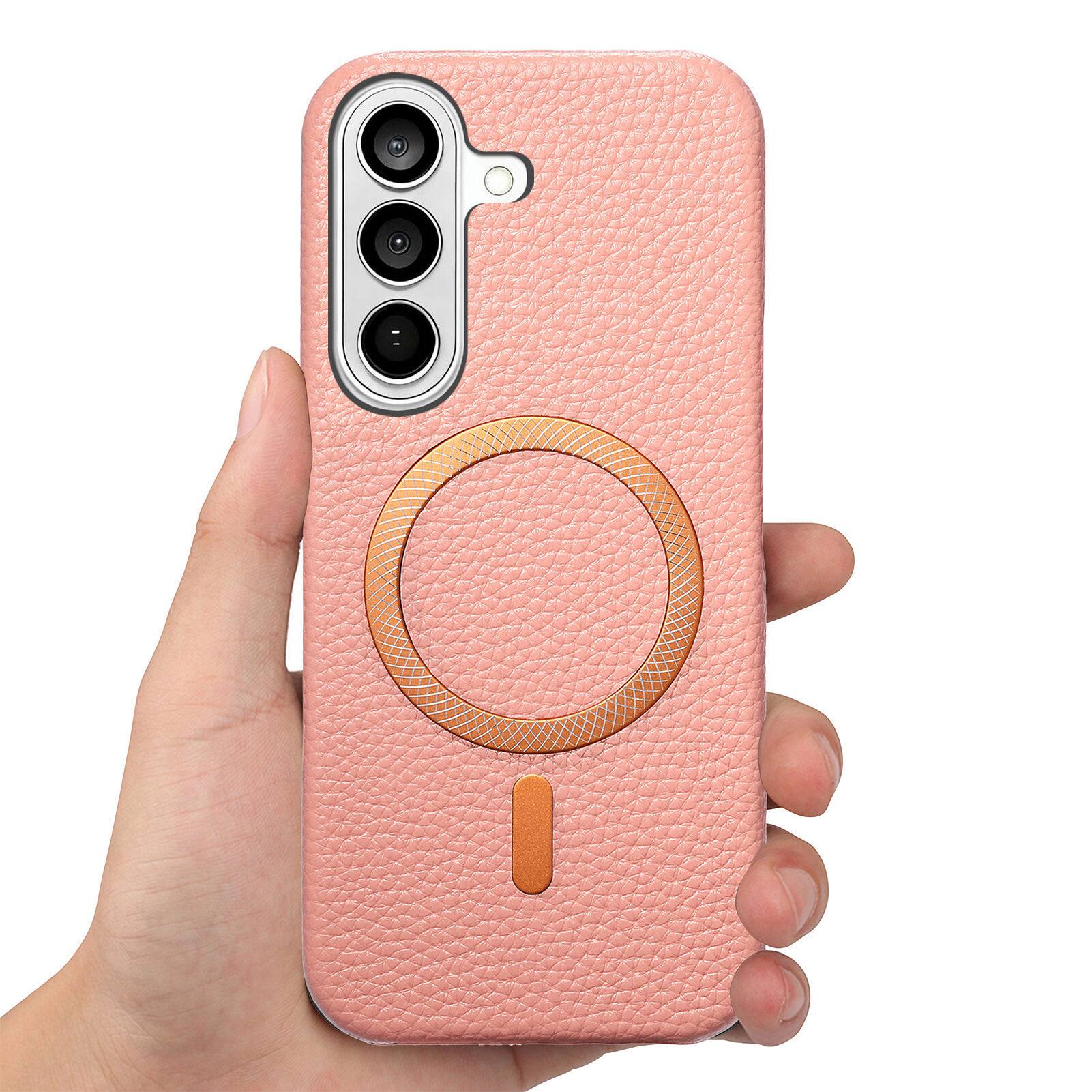 Alt View 5. Dteck - Lychee Texture Case for Samsung Galaxy S26, Premium PU Leather Magnetic Shockproof Hard PC Cover with Raised Edges - Pink.