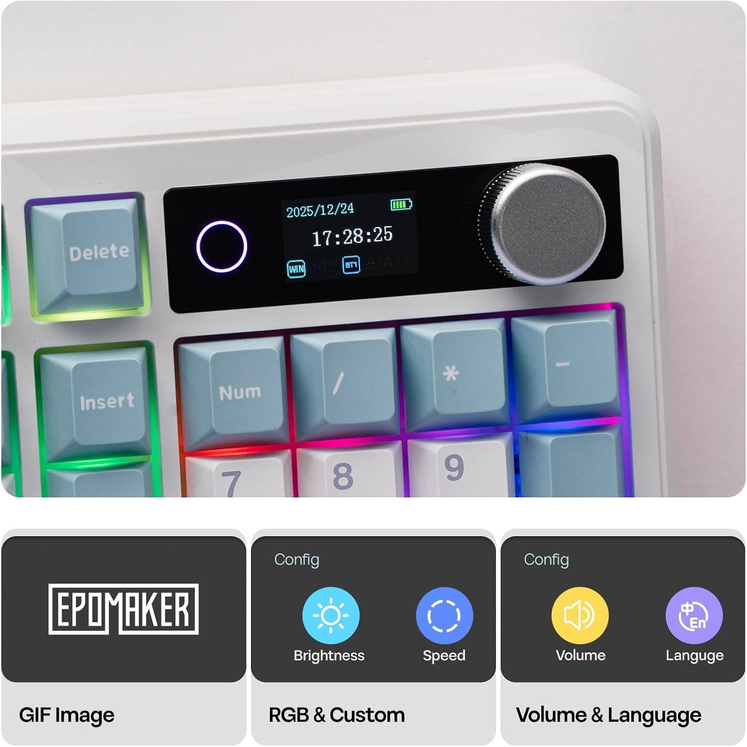 Delete 11I1 2025/12/24 17:28:25 B A 1 N Insert Num / - 7 8 9 EPOMAKER Config Brightness Speed Config Volume En Language GIF Image RGB & Custom Volume & Language