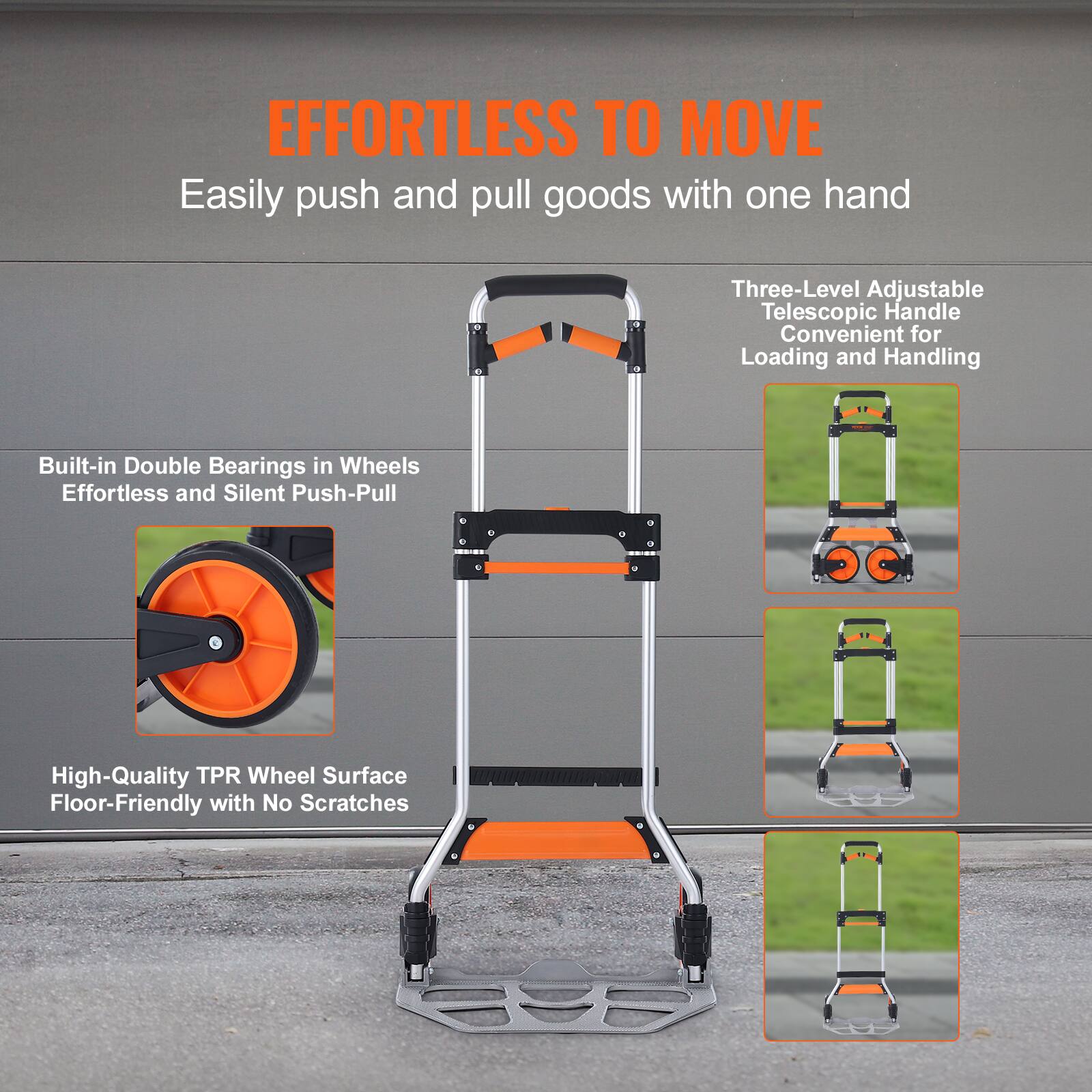 - EFFORTLESS TO MOVE
- Easily push and pull goods with one hand
- Three-Level Adjustable Telescopic Handle Convenient for Loading and Handling
- Built-in Double Bearings in Wheels Effortless and Silent Push-Pull
- High-Quality TPR Wheel Surface Floor-Friendly with No Scratches