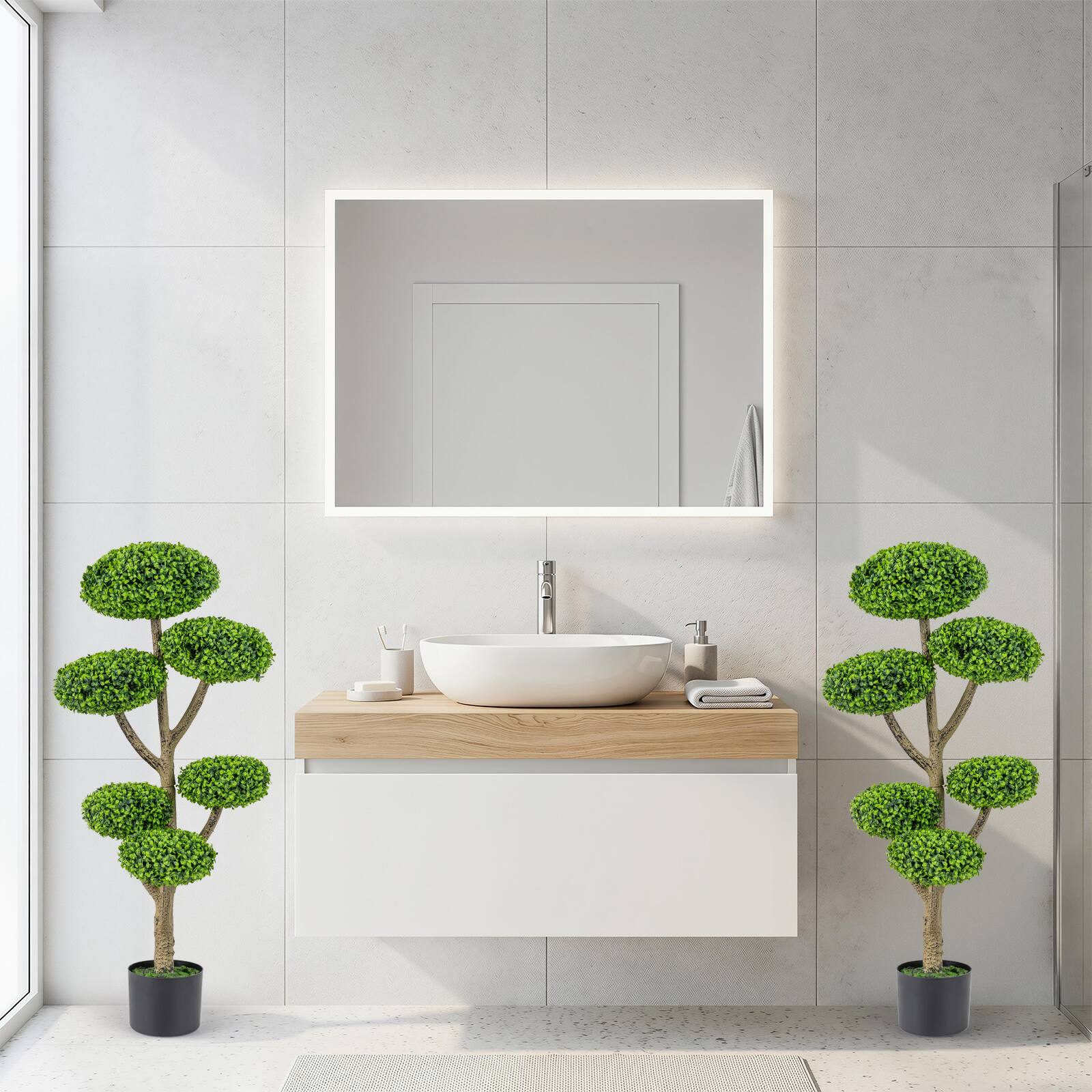 Alt View 4. Costway - Costway 2 PCS Artificial Sesame Leaf Topiary, 6 Balls Topiary Tree with Realistic Trunk Base - Green + Natural + Black.