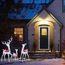 BreeBe - 3-Piece Illuminated Iridescent Reindeer Family Set with 215 Cool LED Lights and Ground Stakes for Christmas - White