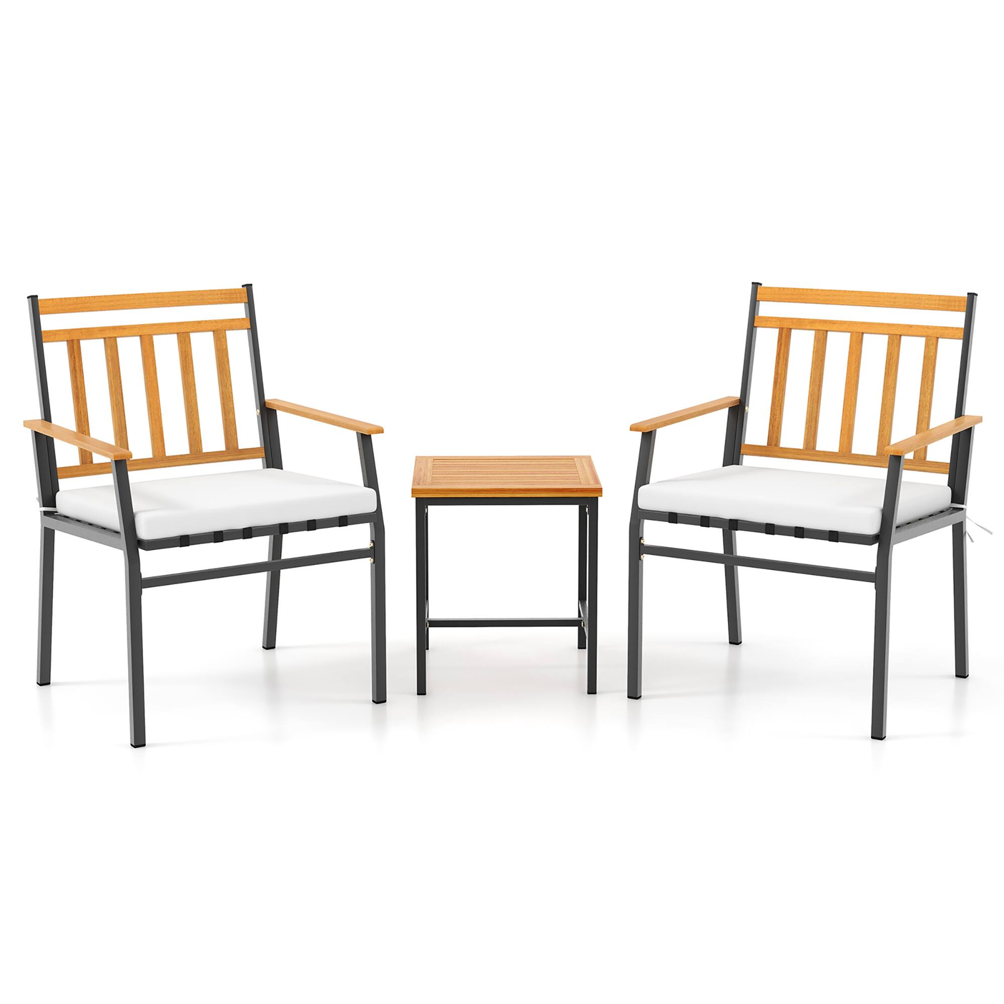 Alt View 8. Gymax - Gymax 3 PCS Acacia Wood Bistro Set Patio Conversation Set w/ Cushions and Coffee Table - Off White.
