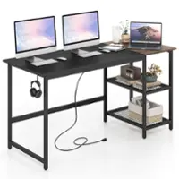 Costway - 59" Computer Desk PC Laptop Workstation with Charging Station and Storage Shelves - Black - Front_Zoom