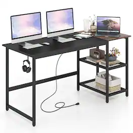 Costway - Computer Desk with Charging Station and Storage Shelves - 59" Wide - Black