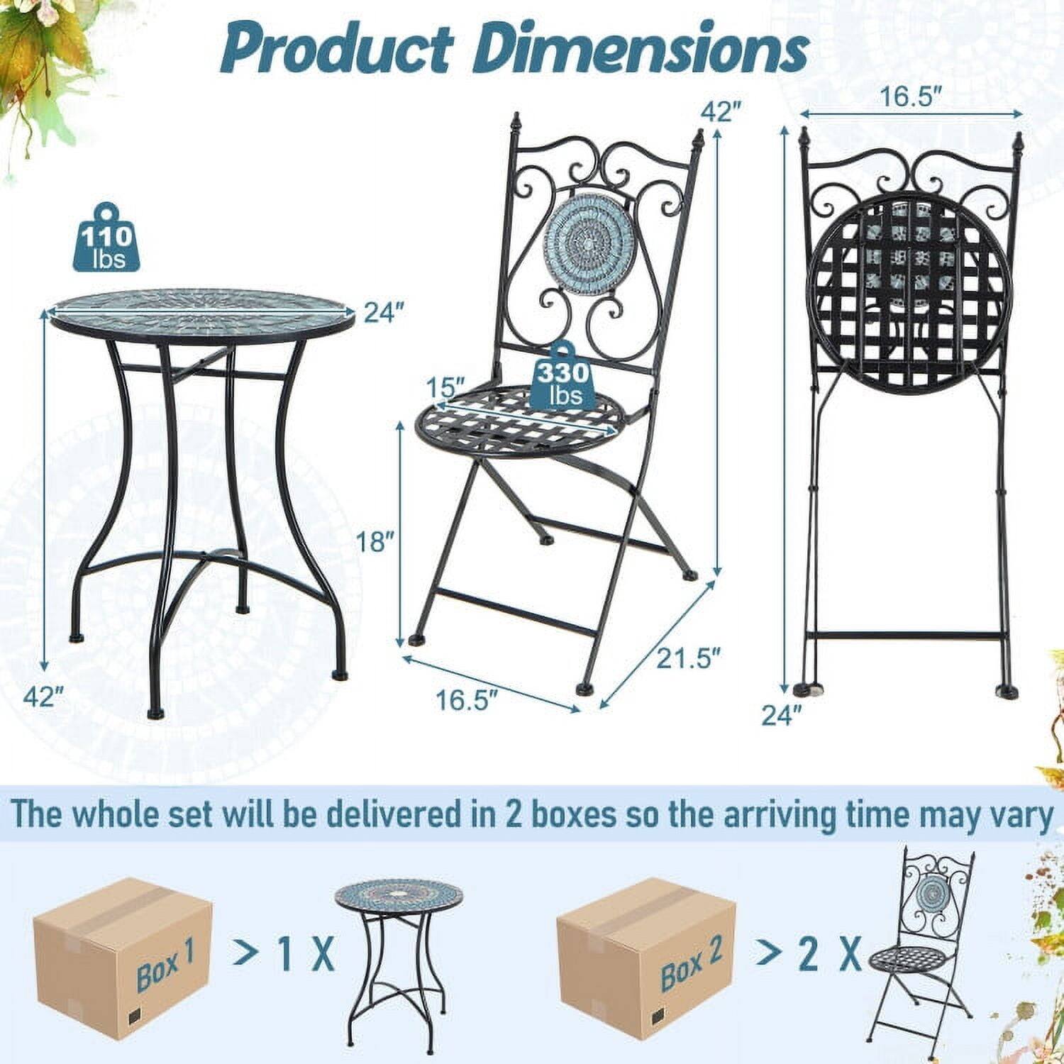 Product Dimensions:  
- Table: 42" (diameter) x 18" (height) x 24" (height of legs)  
- Chair: 16.5" (seat diameter) x 21.5" (seat height) x 42" (overall height)  
- Weight: 110 lbs (table) / 330 lbs (chair)  

The whole set will be delivered in 2 boxes, so the arriving time may vary.  
- Box 1: 1 X  
- Box 2: 2 X