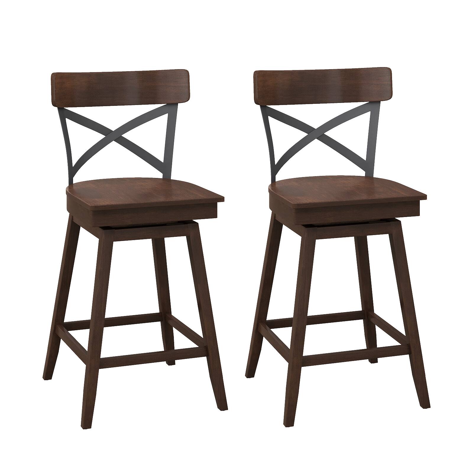 Front. Ecooso - Set of 2 Wooden Swivel Bar Stools with X Back and Built-In Footrest - Espresso.