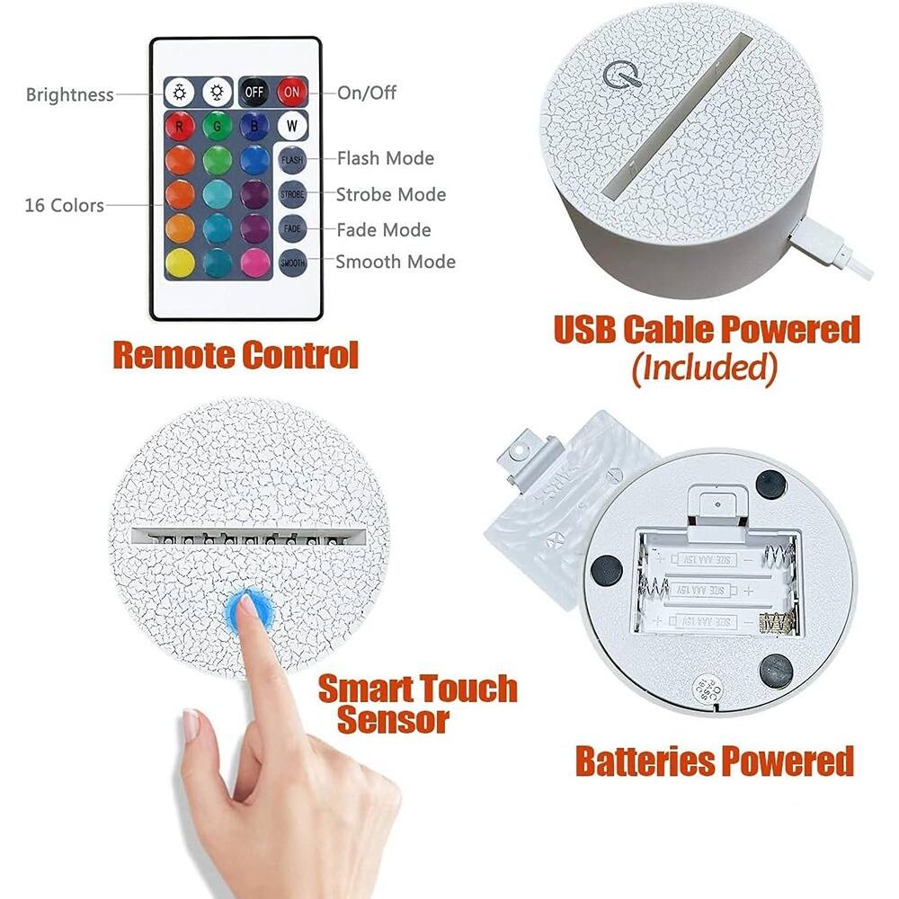 Brightness  
On/Off  
Flash Mode  
Strobe Mode  
Fade Mode  
Smooth Mode  
16 Colors  

Remote Control  
USB Cable Powered (Included)  
Smart Touch Sensor  
Batteries Powered