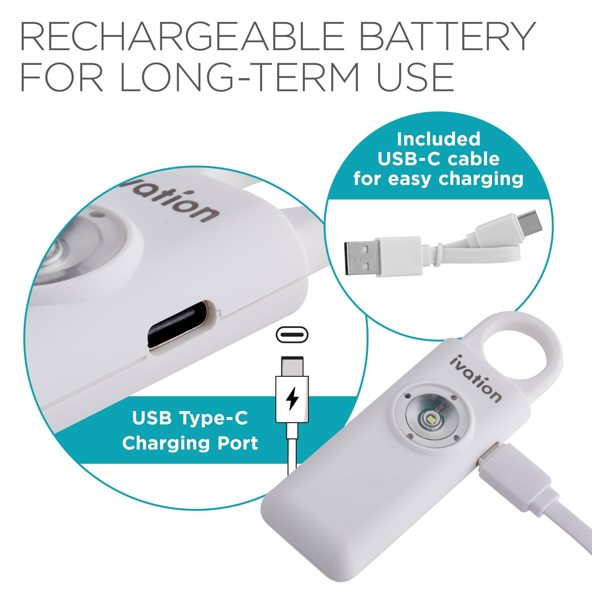 RECHARGEABLE BATTERY FOR LONG-TERM USE, Included USB-C cable for easy charging, USB Type-C Charging Port, ivation