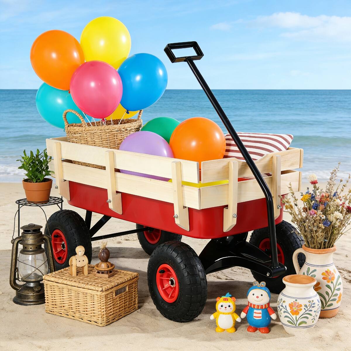 Left. Loheer - Loheer Garden Wagon Cart with Removable Wood Sides, Air Tires and Adjustable Handle, Red.