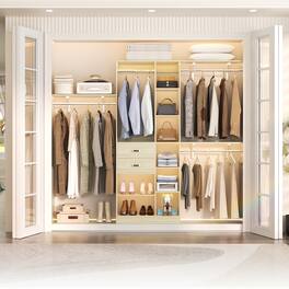 Aheaplus - Upgraded 96'' Closet System with 13 Storage Shelves, 8FT Open Wardrobe System with 2 Wooden Drawers & 4 Hanging Rods - Beige Oak