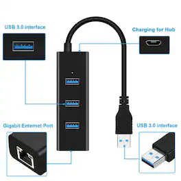 Sanoxy - USB 3.0 Gigabit 1000Mbps Ethernet LAN RJ45 Network Adapter 3 Ports HUB - Black