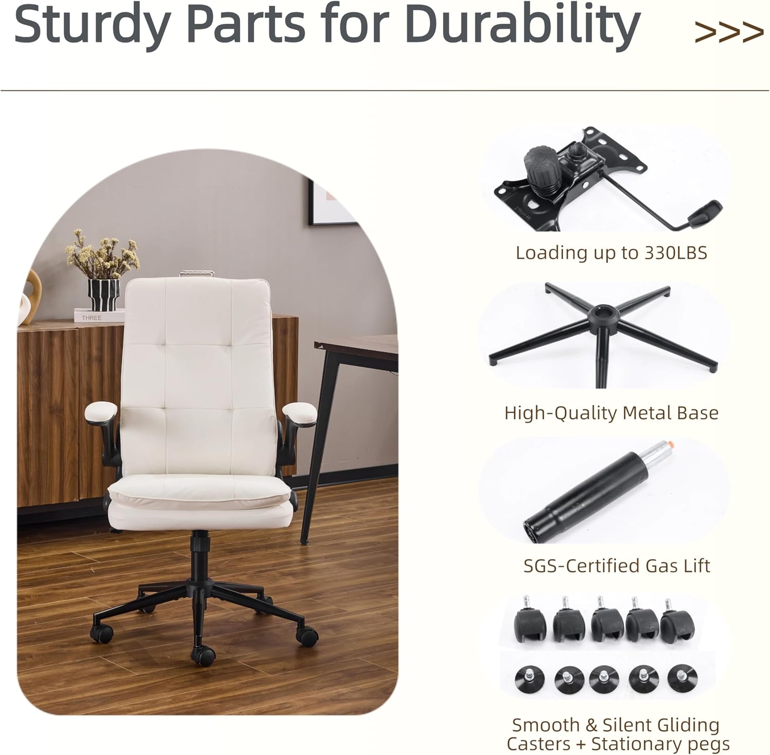 Sturdy Parts for Durability >>> Loading up to 330LBS

- High-Quality Metal Base
- SGS-Certified Gas Lift
- Smooth & Silent Gliding Casters + Stationary pegs