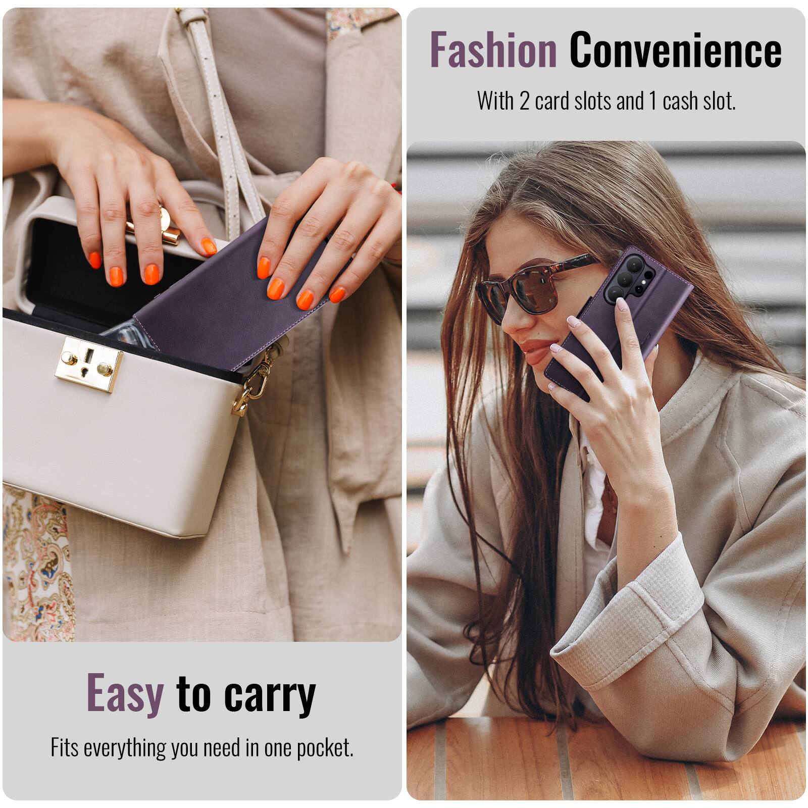 Fashion Convenience  
With 2 card slots and 1 cash slot.  

Easy to carry  
Fits everything you need in one pocket.