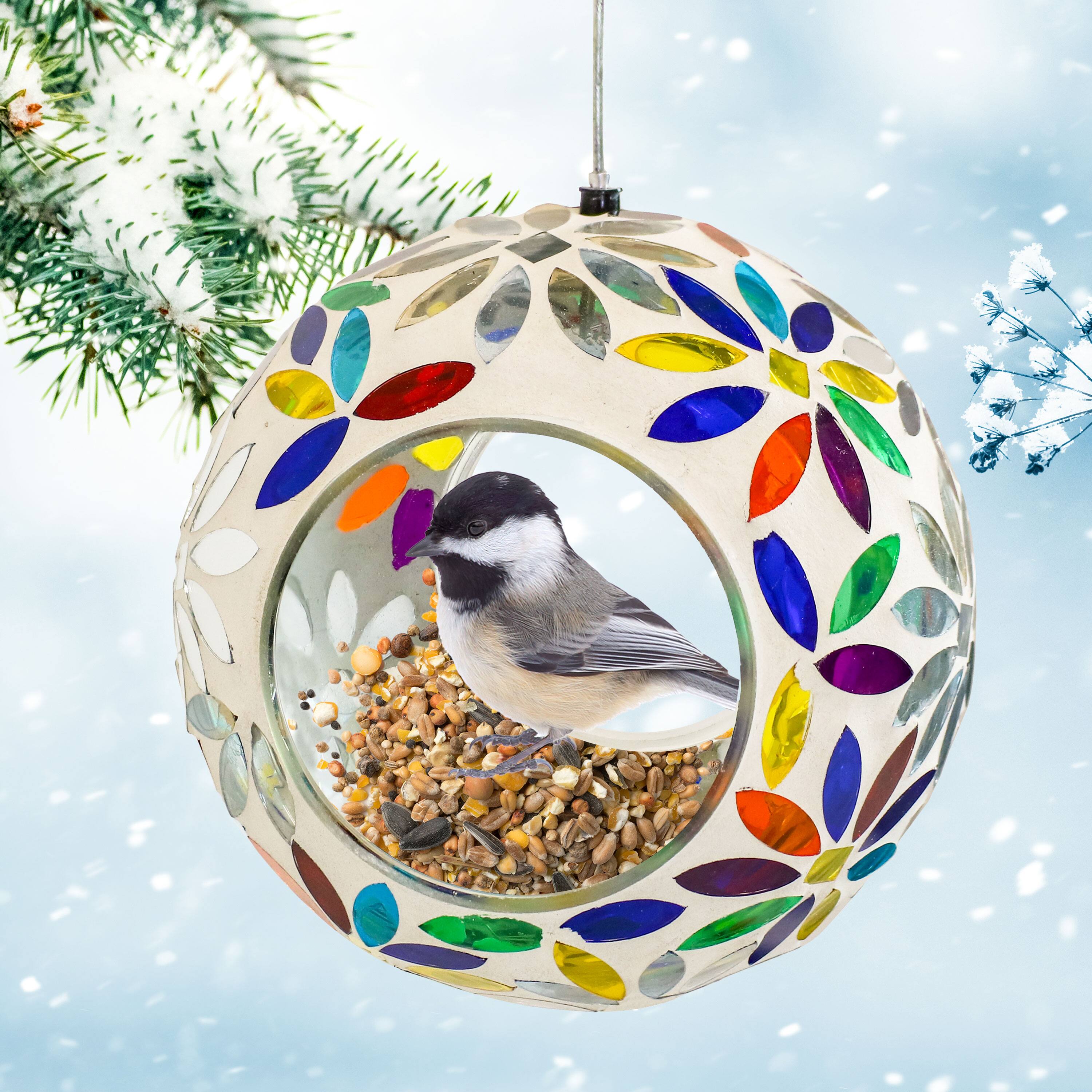 Alt View 8. Sunnydaze - Fly-Through Hanging Bird Feeder - 6 in - Rainbow Daisies Mosaic.