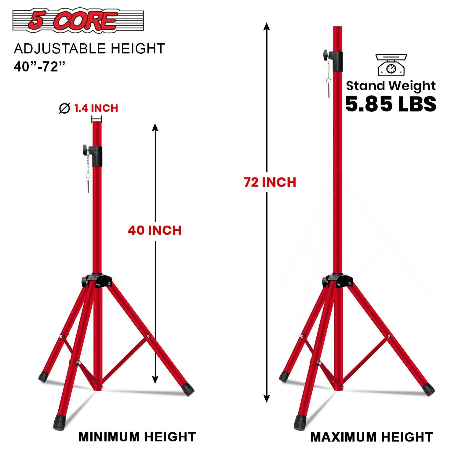 The corrected text is:

- Adjustable height: 40" - 72"
- Stand weight: 5.85 lbs
- Minimum height: 40 inches
- Maximum height: 72 inches
- 1.4 inch adjustment per step