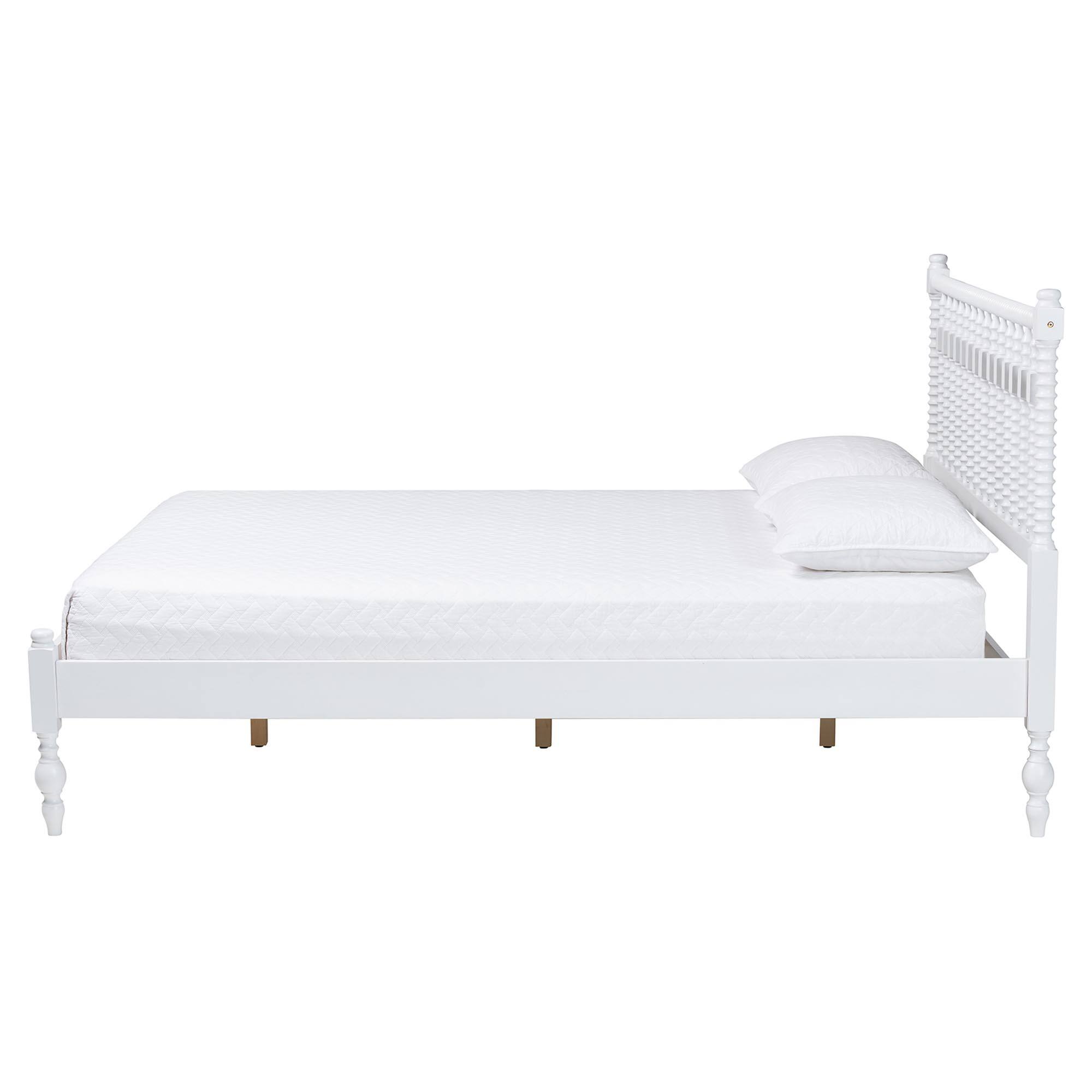 Angle. Baxton Studio - Callison Spindle Platform Bed - Turned Farmhouse Bed Frame with Spoked Headboard and Sculpted Legs, Queen - White.