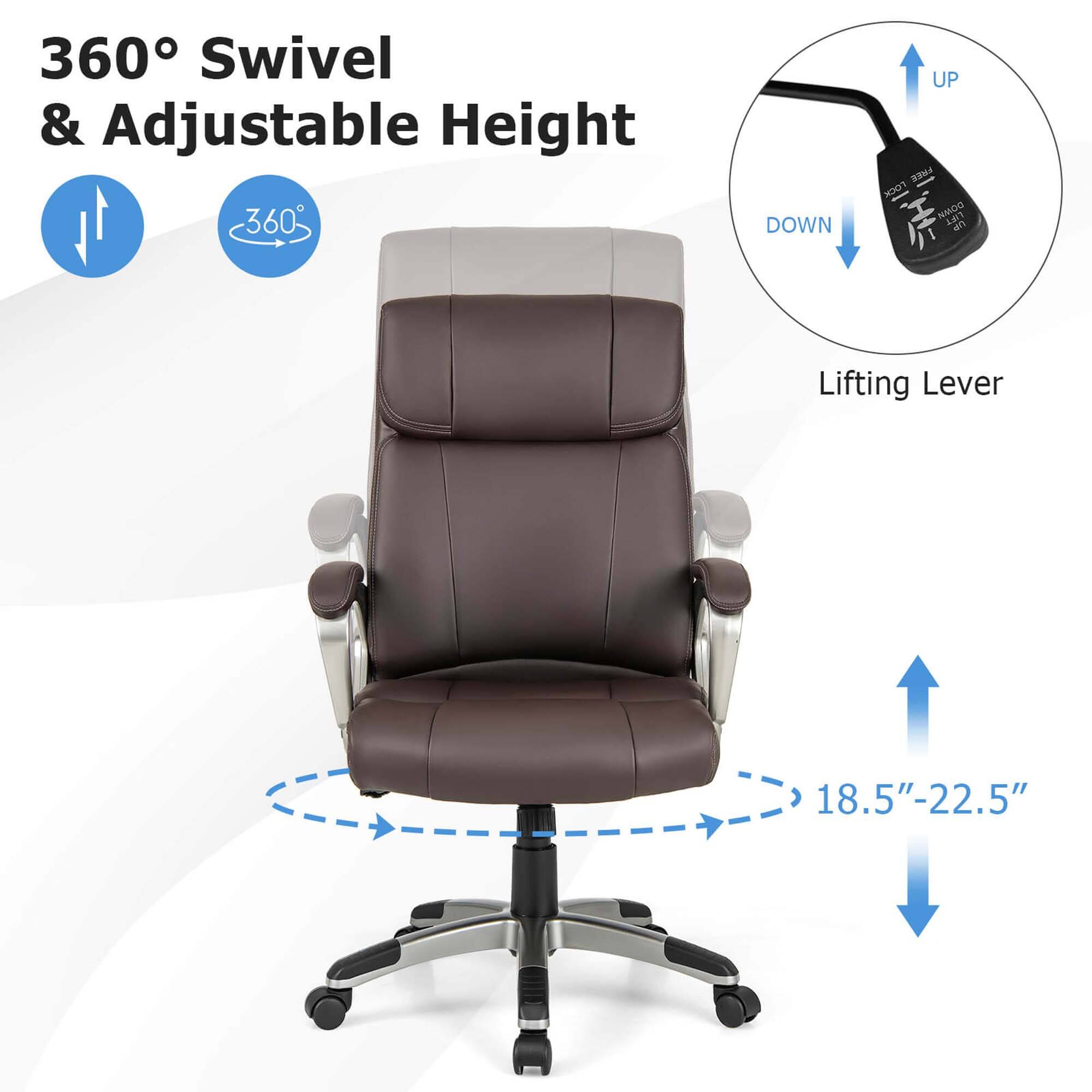 The image features a chair with a 360-degree swivel and adjustable height, which allows for easy movement and customization of the chair's position. The chair has a 11" to 18.5" adjustable height, making it suitable for various users and situations. The chair also comes with a free footrest, which can be used to further enhance comfort and support.