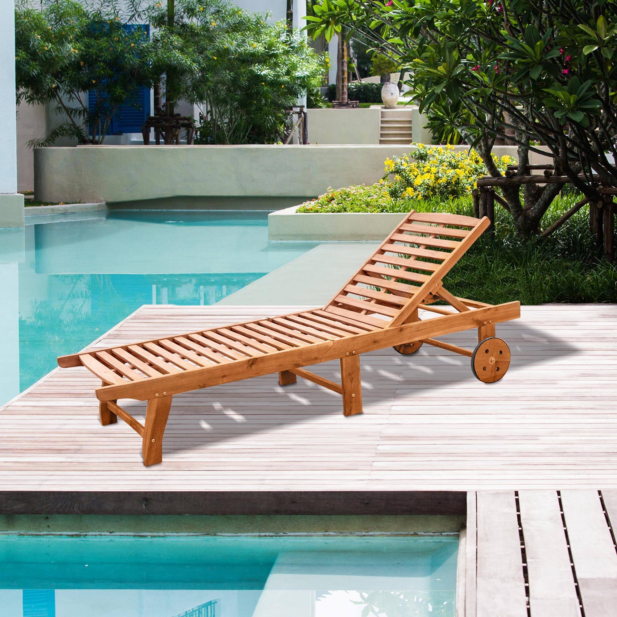 Alt View 1. Outsunny - Outdoor Folding Chaise Lounge Chair Recliner with Wheels, Acacia Wood Frame - Teak.