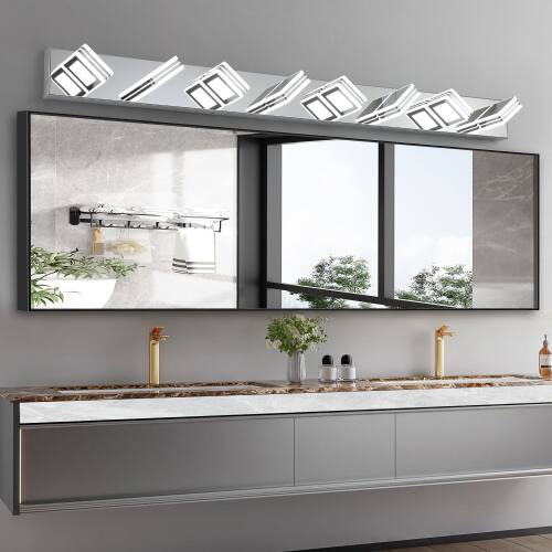 Angle. LUCKY ONE - 52in Wall Mount LED Vanity Light, 8-Light Chrome Fixture with Square Acrylic Shades for Bathroom - Chrome.
