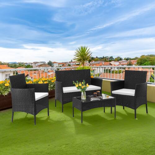 Alt View 9. Winado - 4PCS Patio Wicker Rattan Furniture Set, Conversation Set with Coffee Table, Chairs for In/Outdoor Yard Poolside Backyard - Black & White Cushion.