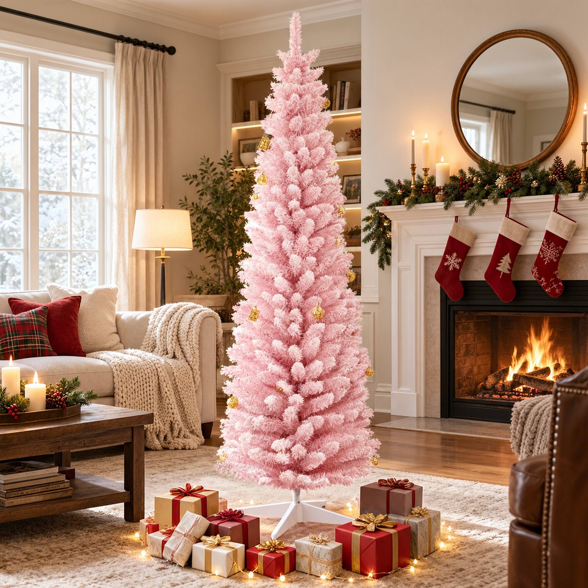 Angle. RYHNUYNE - Snow Flocked Artificial Pencil Christmas Tree With Realistic Branches, Slim Hinged Narrow Holiday Home Decor - Pink.