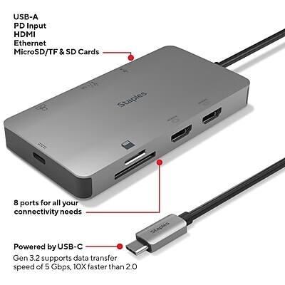 USB-A  
PD Input  
HDMI  
Ethernet  
MicroSD/TF & SD Cards  

8 ports for all your connectivity needs  

Powered by USB-C  
Gen 3.2 supports data transfer speed of 5 Gbps, 10X faster than 2.0