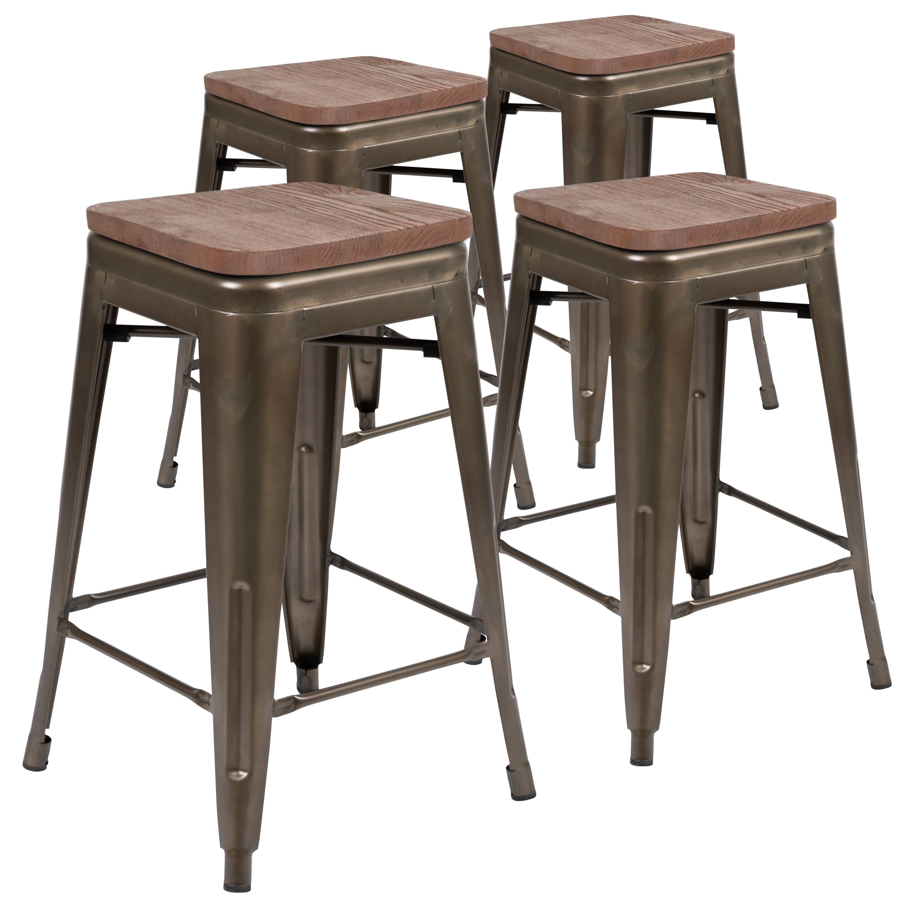 Alt View 1. Emma + Oliver - 24" High Metal Counter-Height, Indoor Bar Stool with Wood Seat - Stackable Set of 4 - Gun Metal.