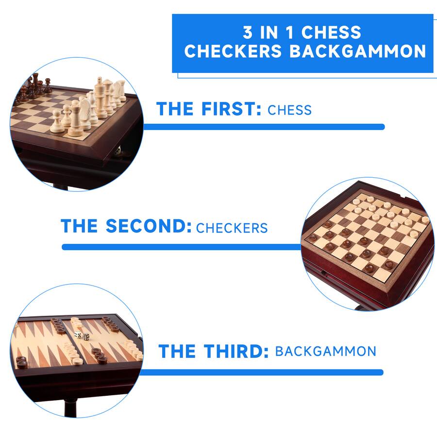 GSE Games & Sports Expert Wooden 3 in 1 Chess Checkers Backgammon Table ...