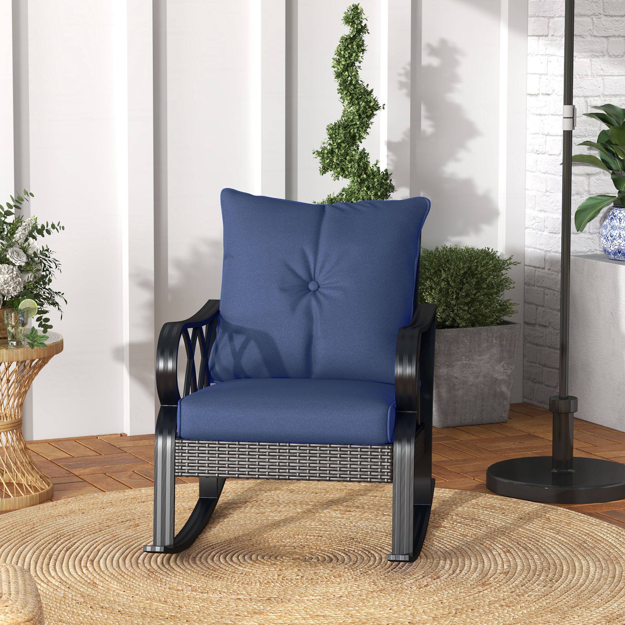 Alt View 7. Outsunny - 2 Piece Outdoor Wicker Rocking Chairs with Padded Cushions, Aluminum Furniture Rattan Porch Rocker Chairs w/ Armrest - Blue.