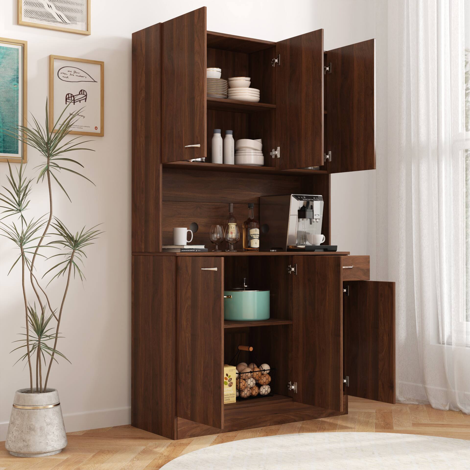 Back. Dexmalle - Dexmalle-70.87" Tall Kitchen Storage Cabinet with Microwave Stand-Walnut - Walnut.