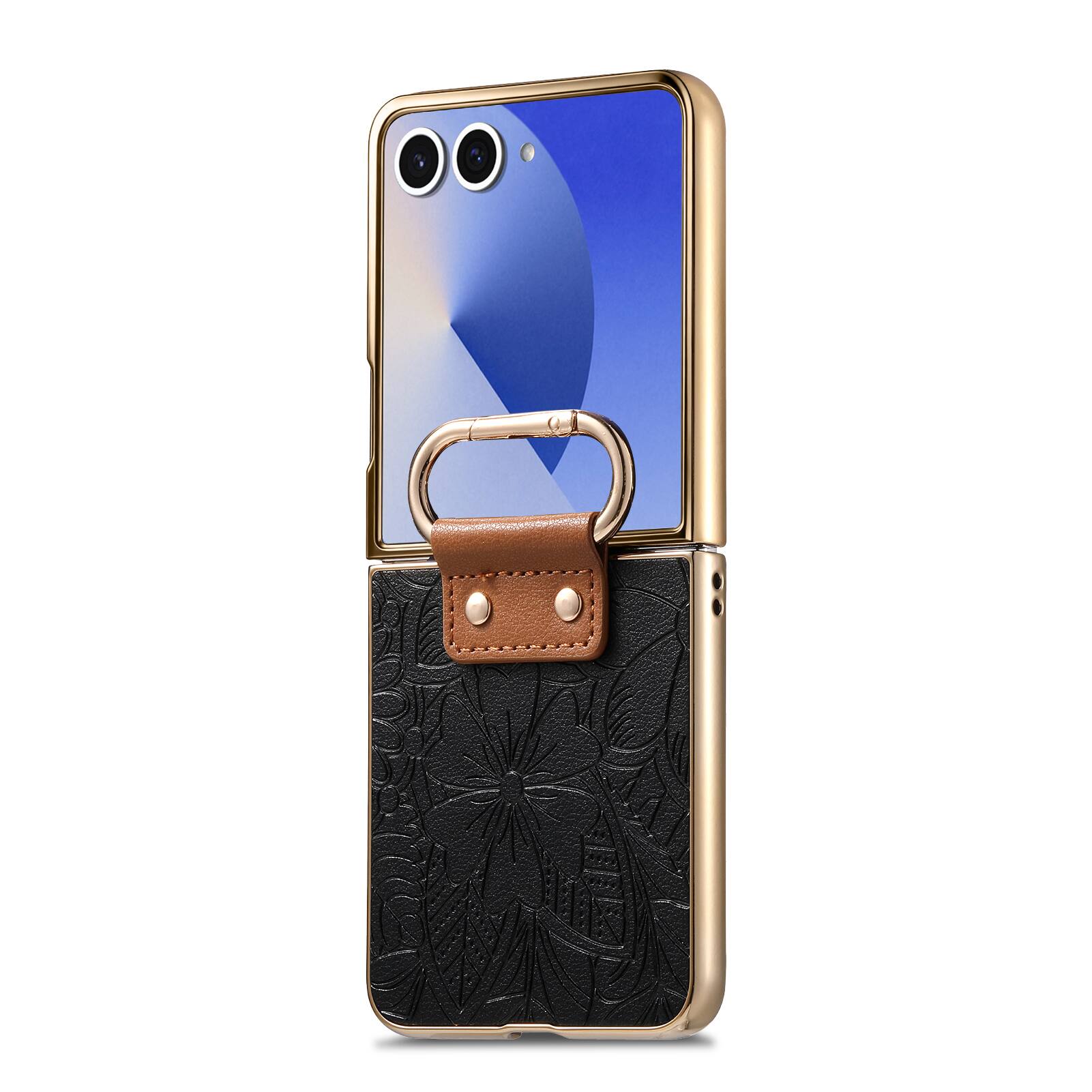 Back. Dteck - Shockproof Floral Leather Texture Case for Samsung Galaxy Z Flip8, Electroplated Rigid Plastic Cover with Ring Holder - Black.